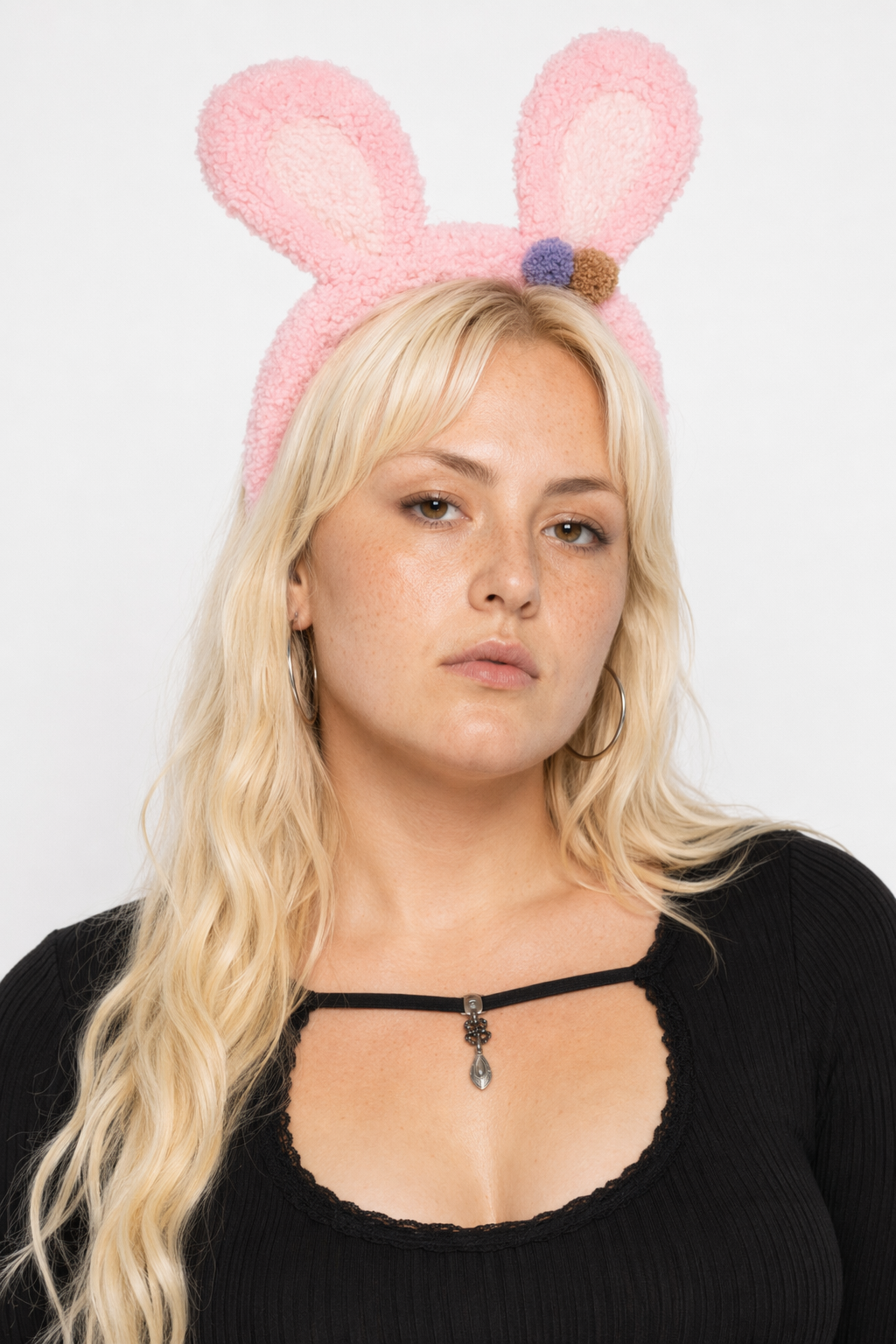 Fluffy Bunny-Eared Headband with Cute Pom Poms Bright Pink