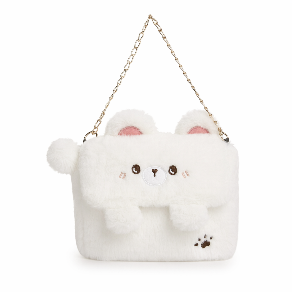 Baby Bear Fur Handbag with Cute Embroidered Teddy Bear Face White