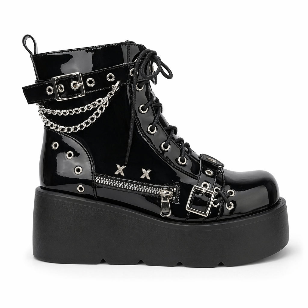 Cyber Punk Babydoll Booties for Edgy Alternative Fashion Black Low Shiny