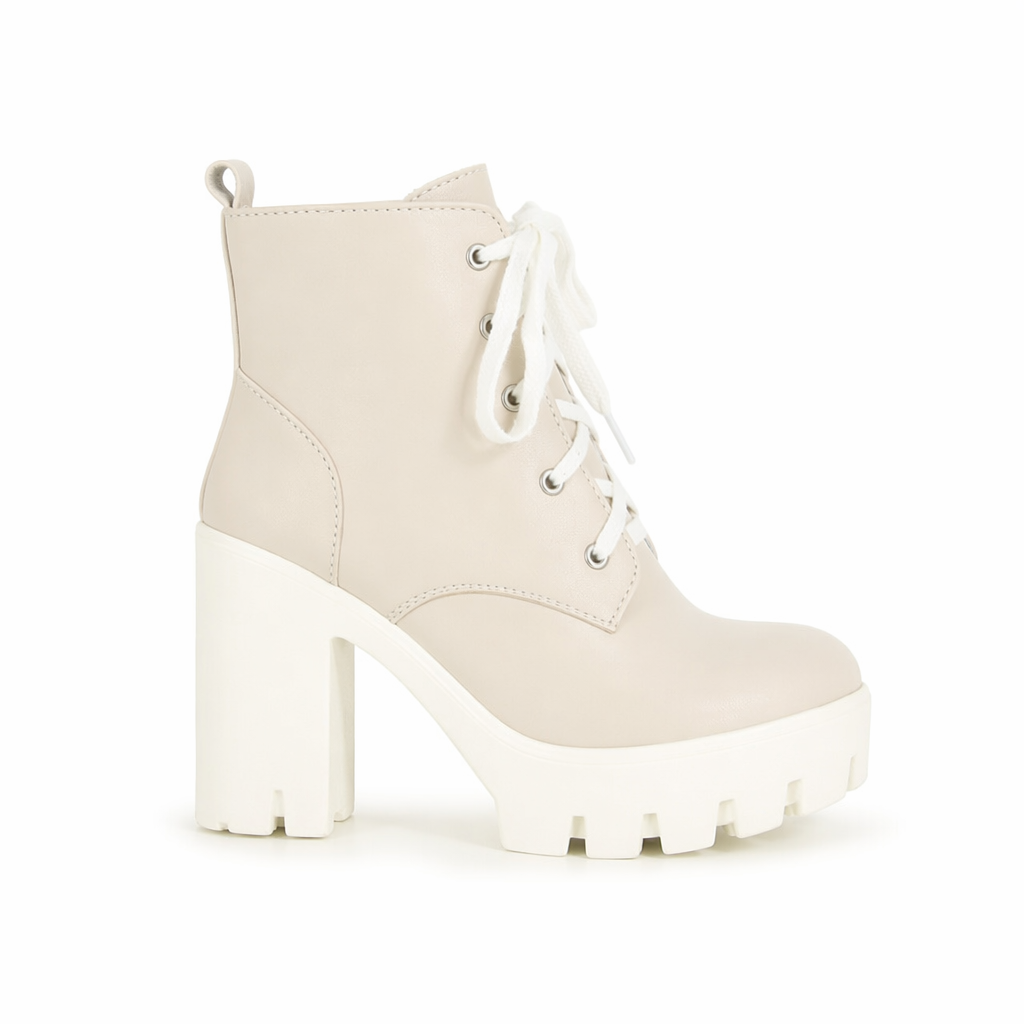 Chunky Square Heel Ankle Boots with Beautiful White Laces in Vegan Leather Cream