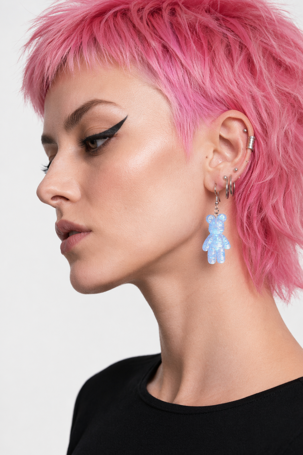 Kawaii Large Bear Earrings in Bright Glittery Colors Light blue