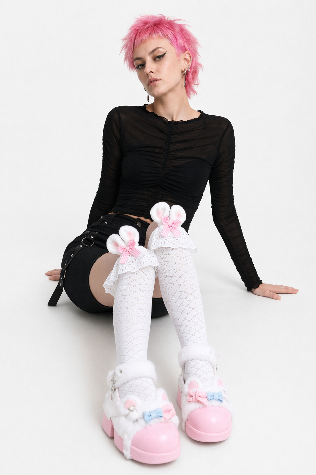 Baby Bun Lace Bunny Ear Lolita Stockings with Ruffled Doily Top White