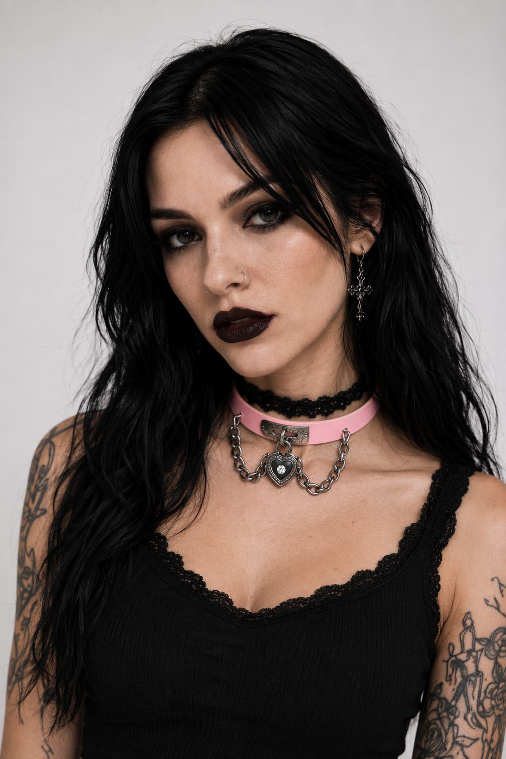 Gothic Victorian Vegan Leather Choker with Heart Locket and Chains Light Pink