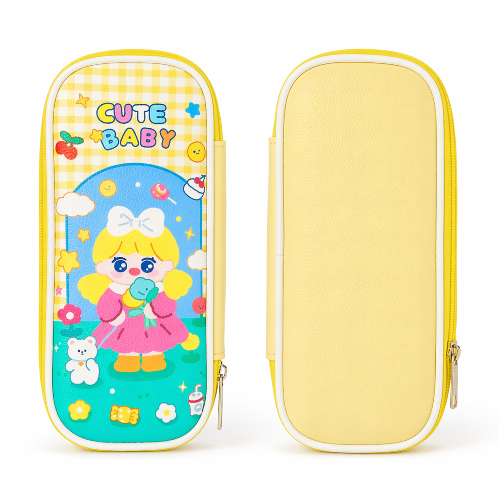 Vibrant Kawaii Bunny Bear Puppy Pencil Case or Makeup Bag Yellow Cute Baby
