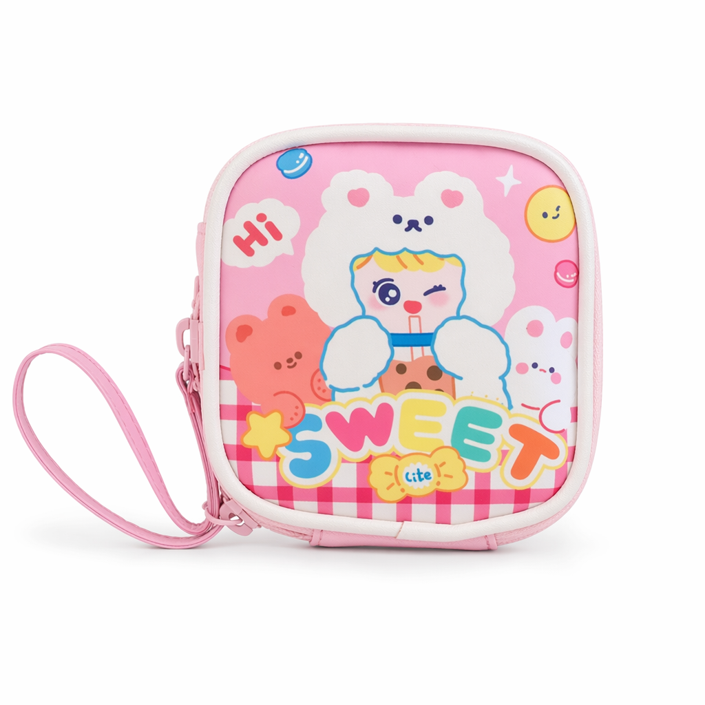 Bold Kawaii Patterned Pouch for Cords and Chargers Pink Sweet Bear