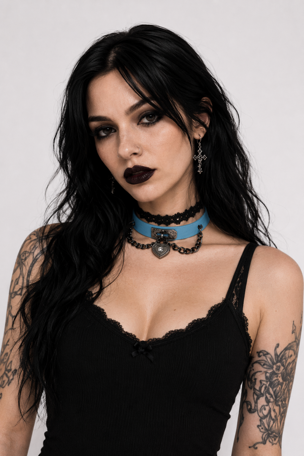 Gothic Victorian Vegan Leather Choker with Heart Locket and Chains Blue