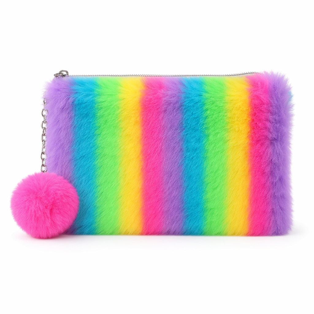Vibrant Rainbow Vegan Fur Storage Bag for Kawaii Lovers Rainbow Explosion