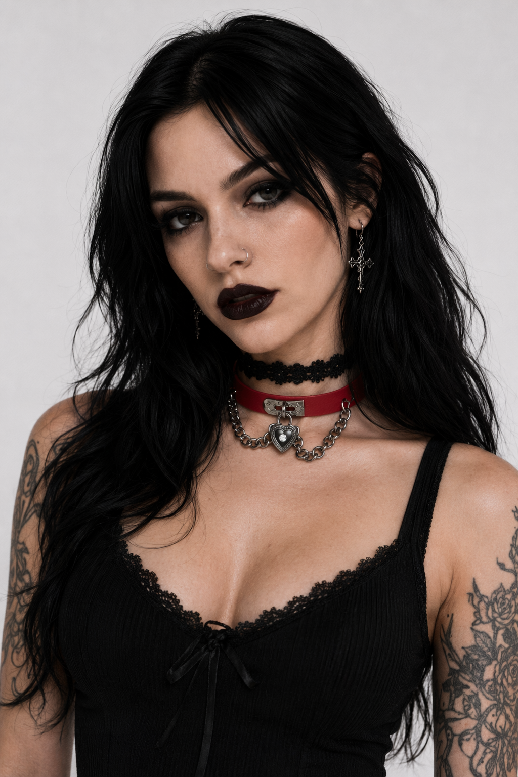 Gothic Victorian Vegan Leather Choker with Heart Locket and Chains Red