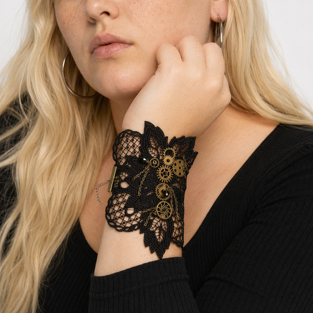 Elegant Steampunk Cuff with Copper and Brass Gears on Black Lace Default Title