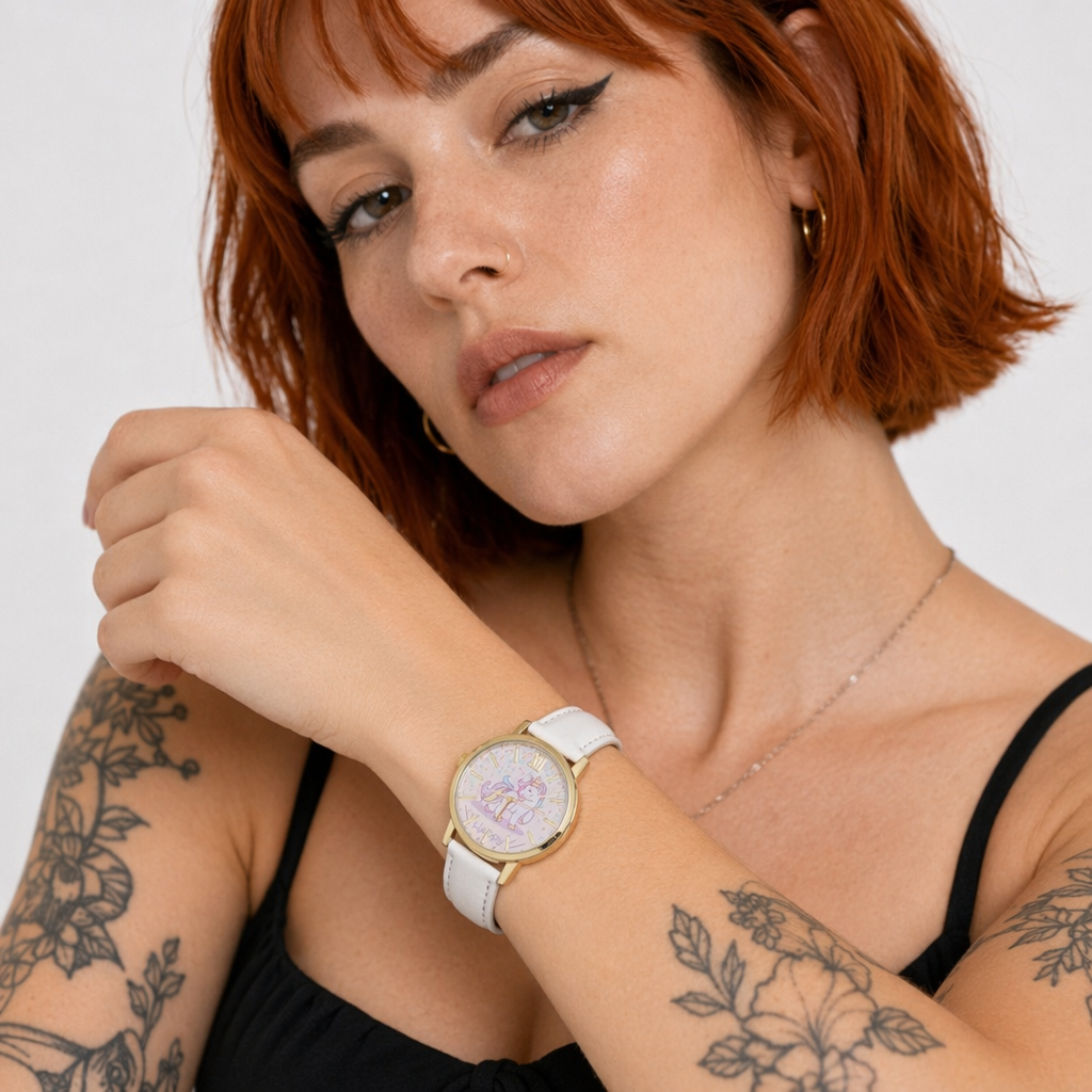Magical Unicorn Wrist Watch with Gold Plated Hardware and Vegan Leather White