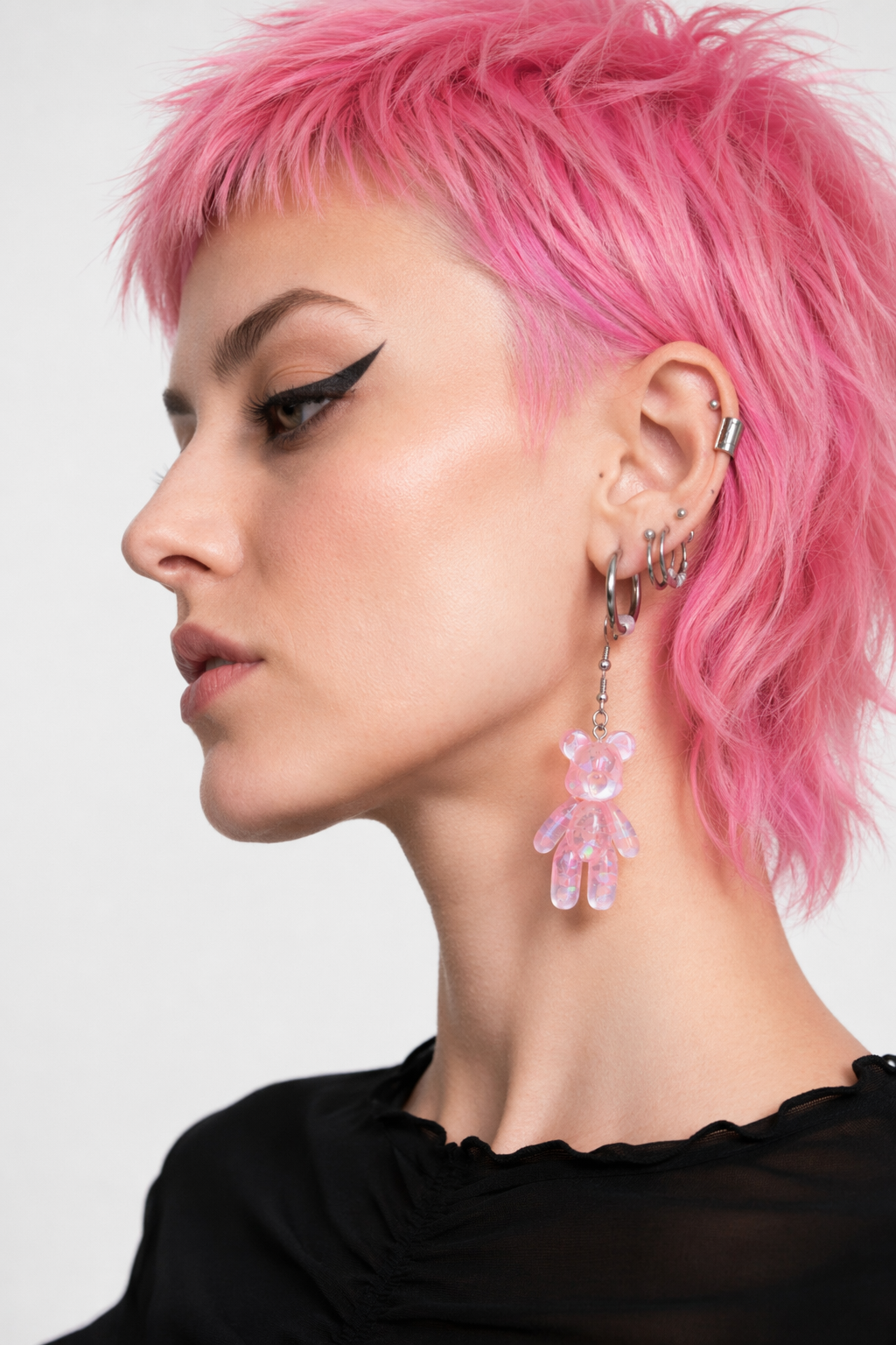 Kawaii Large Bear Earrings in Bright Glittery Colors Pink