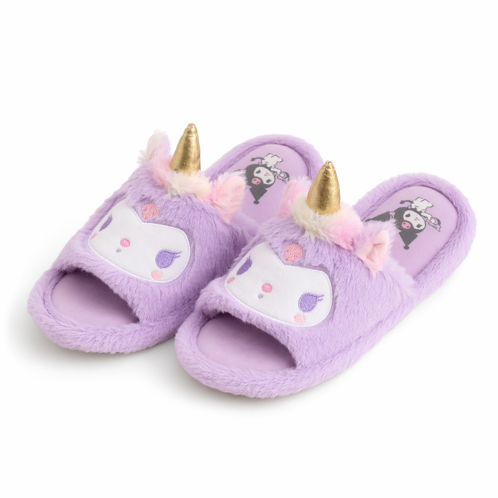 Kawaii Fluffy Sanrio Unicorn Character Slippers for Cozy Comfort Purple Kuromi
