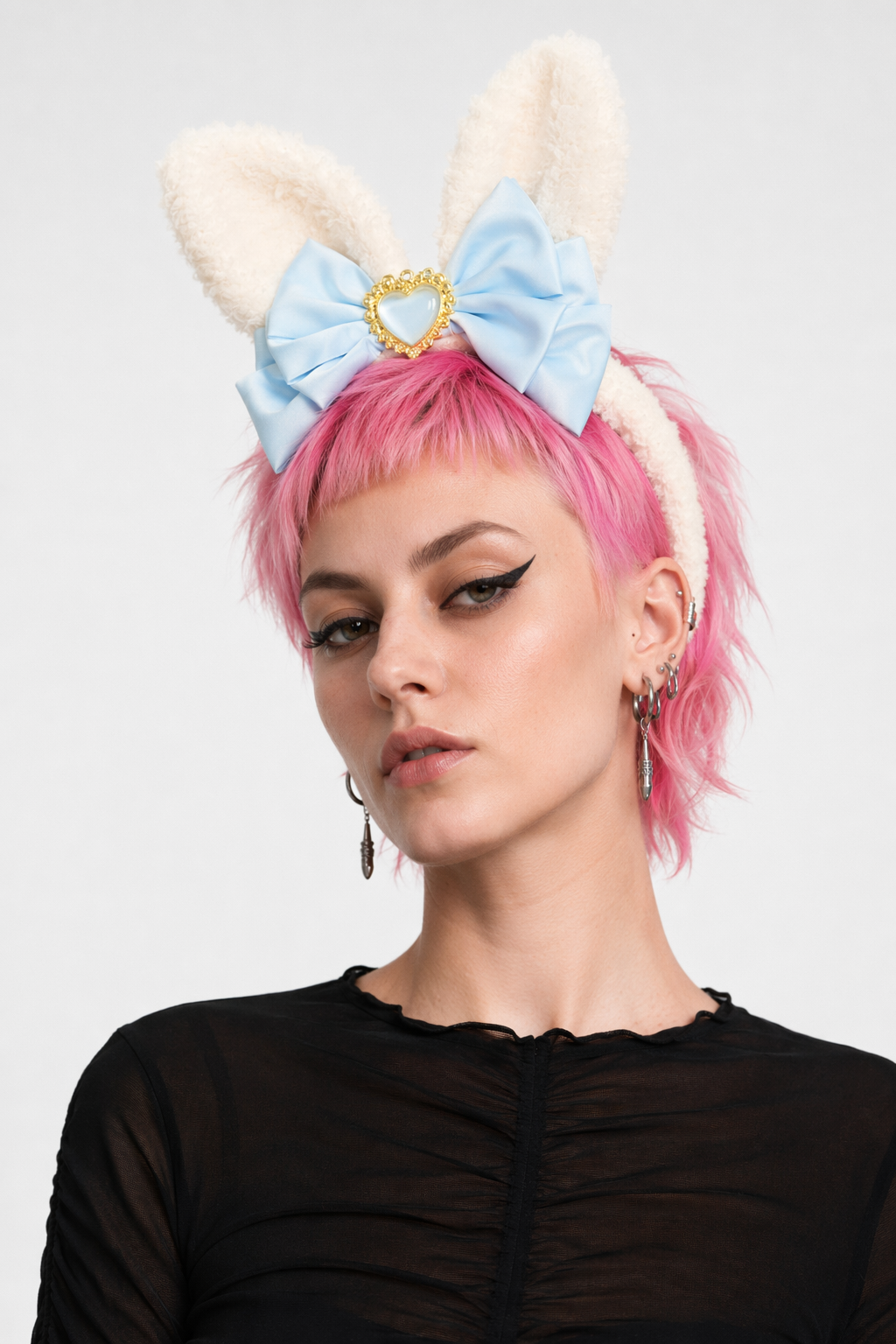 Luxurious Bunny Ears Headband with Satin Ribbons and Jewels Baby Blue