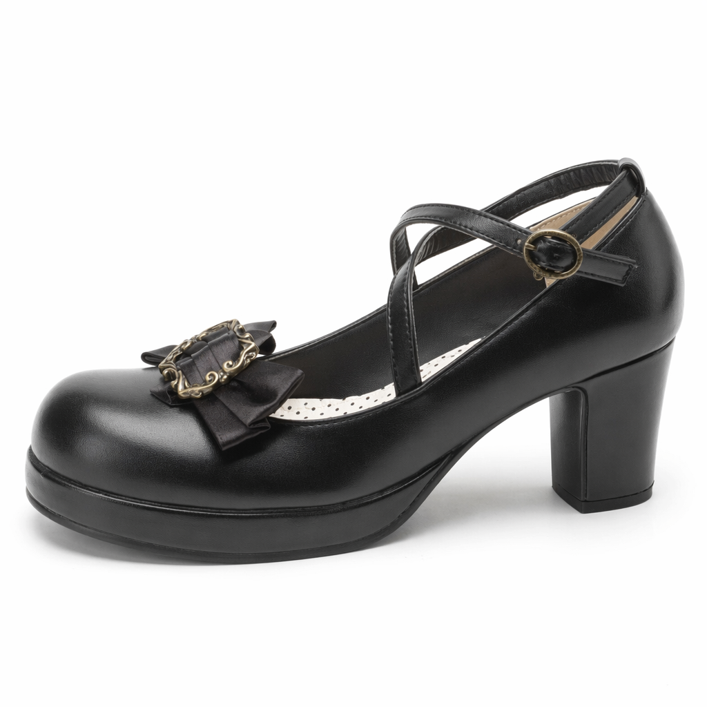 Elegant Lolita Block-Heeled Shoes with Bow Embellishments Black