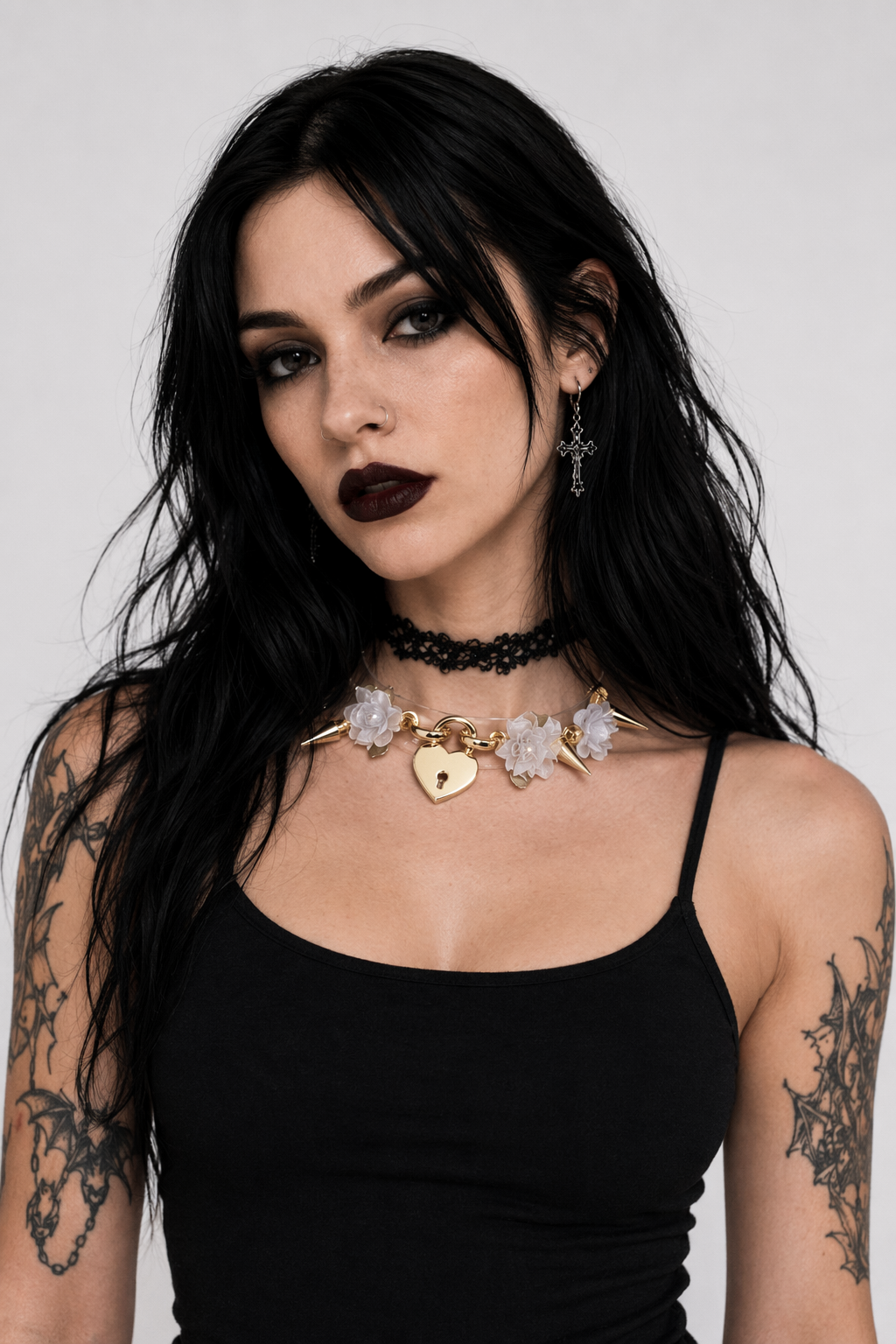Edgy Floral Choker with Spiky Design and Heart Locket Key White Flower Gold