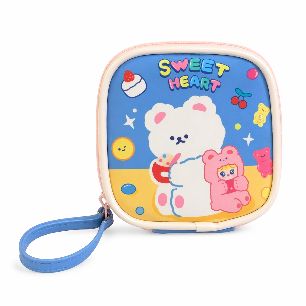 Bold Kawaii Patterned Pouch for Cords and Chargers Blue Sweet Heart Bear