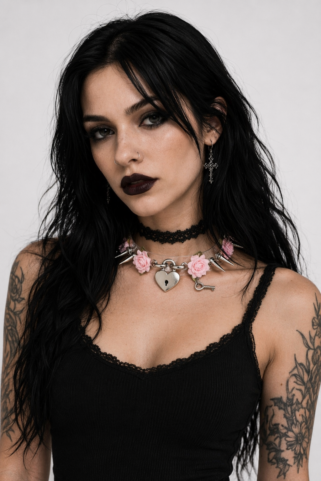 Edgy Floral Choker with Spiky Design and Heart Locket Key Pink Flower Silver