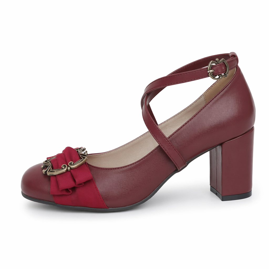 Elegant Lolita Block-Heeled Shoes with Bow Embellishments Dark Red
