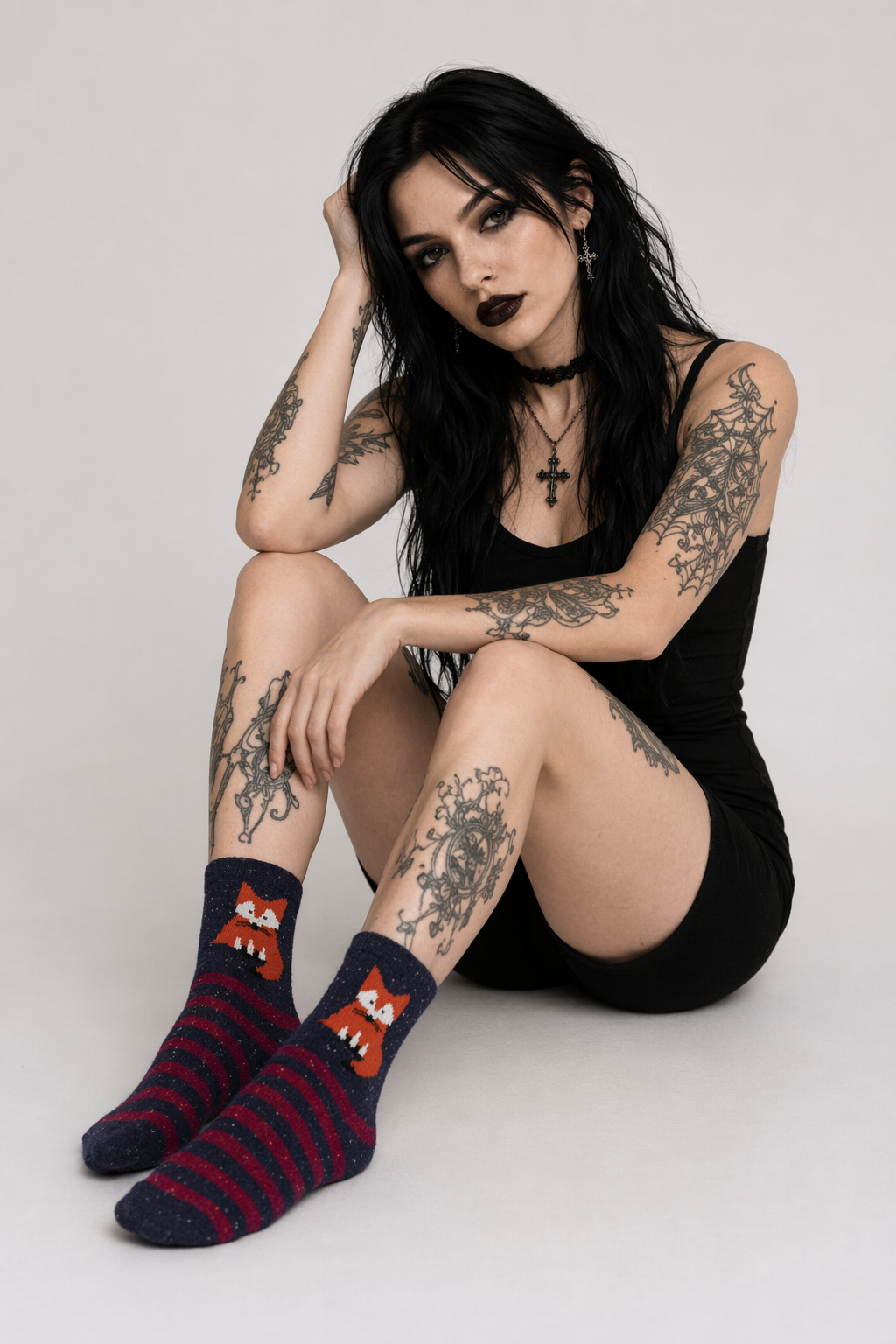 Snow Fox Christmas Socks with Embroidered Design and Vibrant Colors Striped Fox