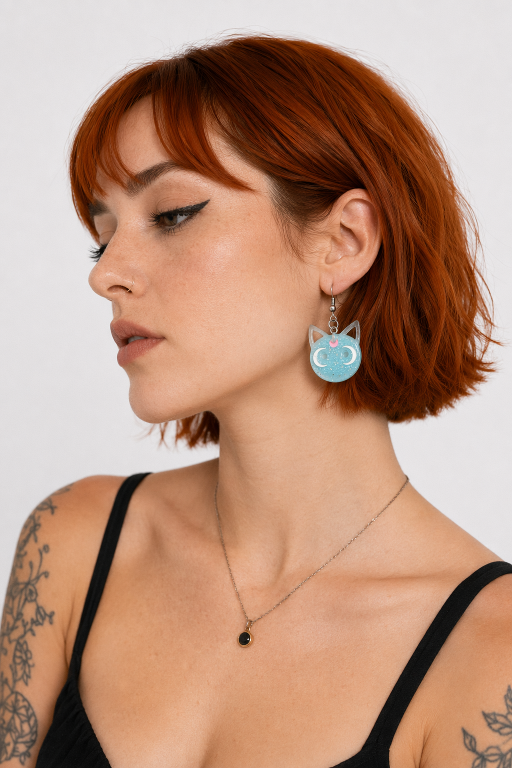 Glittery Cat Earrings with Half Moons in Resin Art Blue