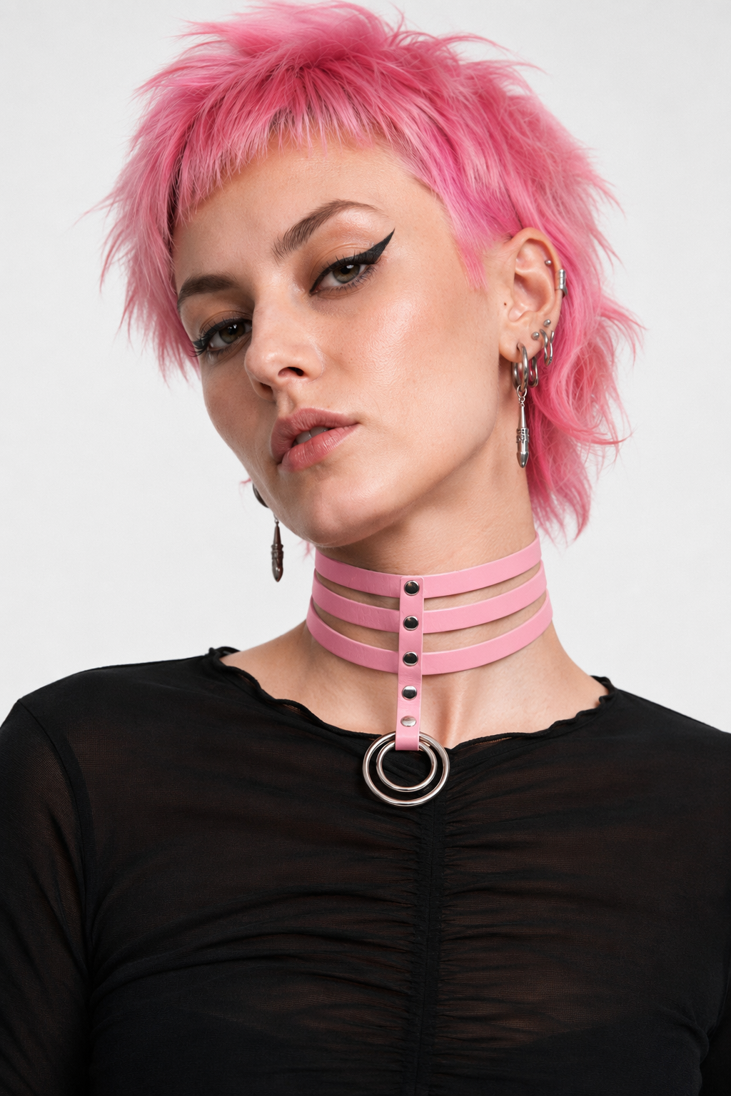 Vegan Leather High Elongated Collar with Built-in O-Ring Hook Pink