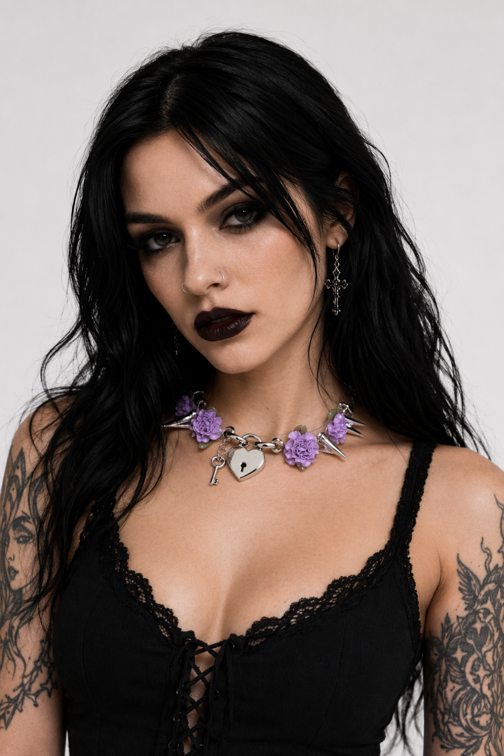 Edgy Floral Choker with Spiky Design and Heart Locket Key Purple Flower Silver