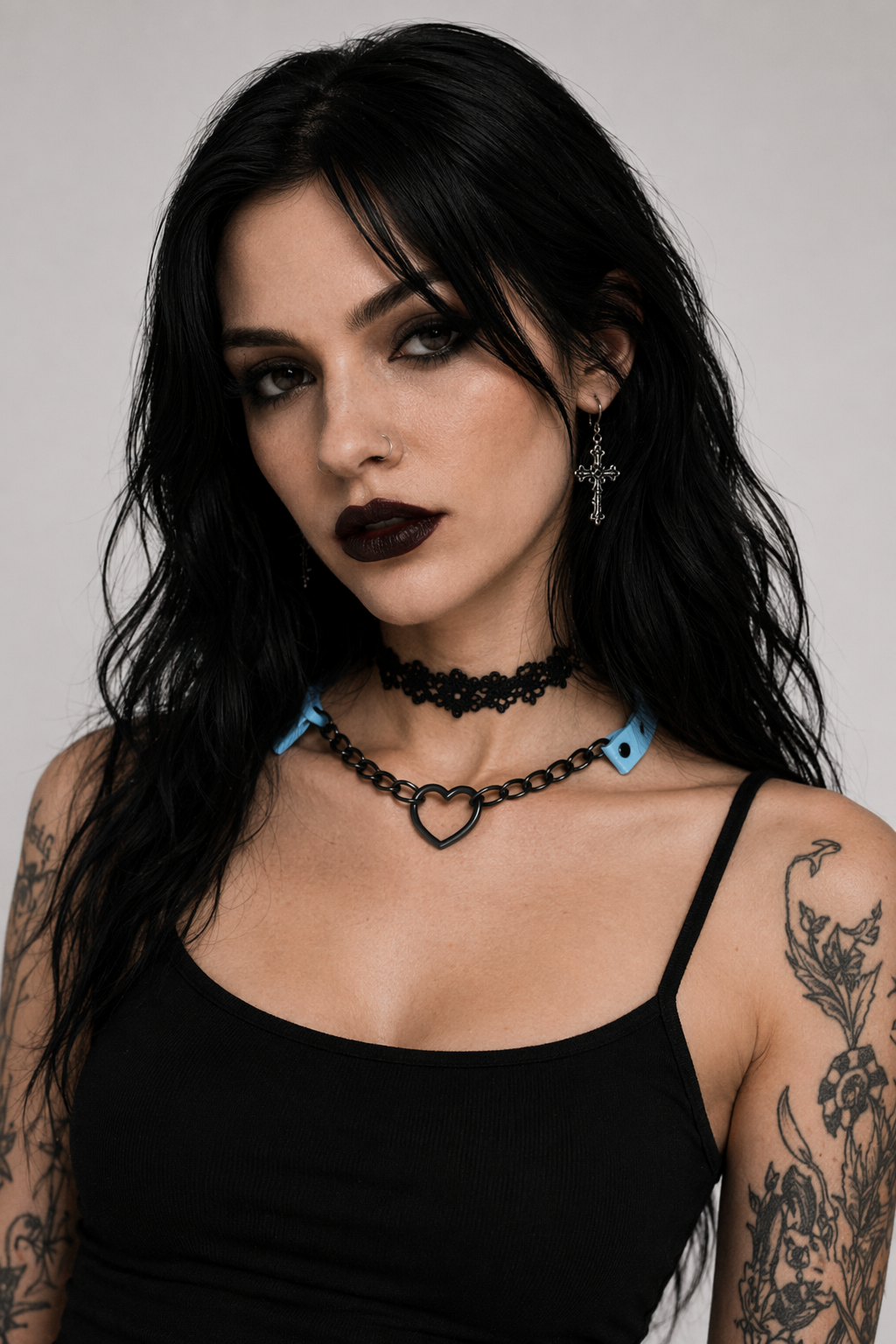 Chained Heart Choker Necklace in Thick Vegan Leather Blue