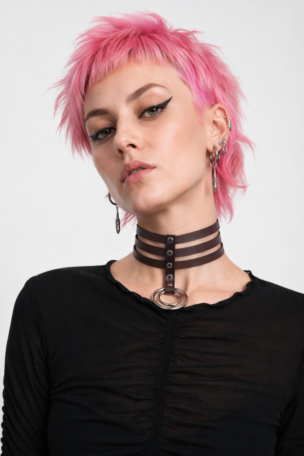 Vegan Leather High Elongated Collar with Built-in O-Ring Hook Coffee