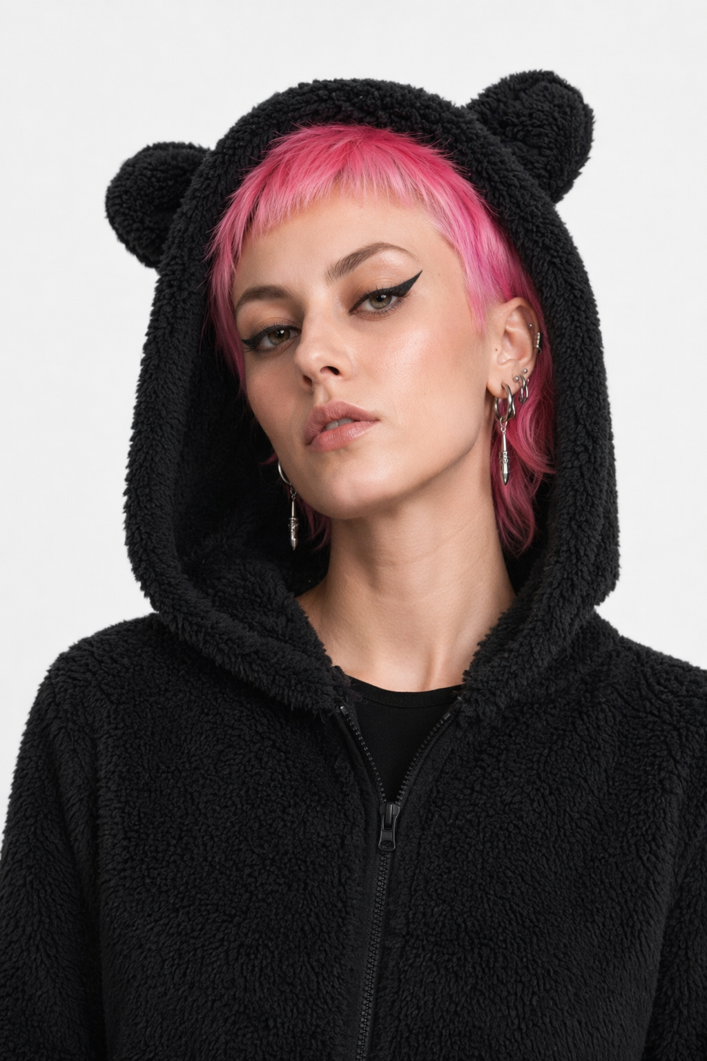 Adorable Vegan Fur Baby Bear Zippered Onesie with Ears Black