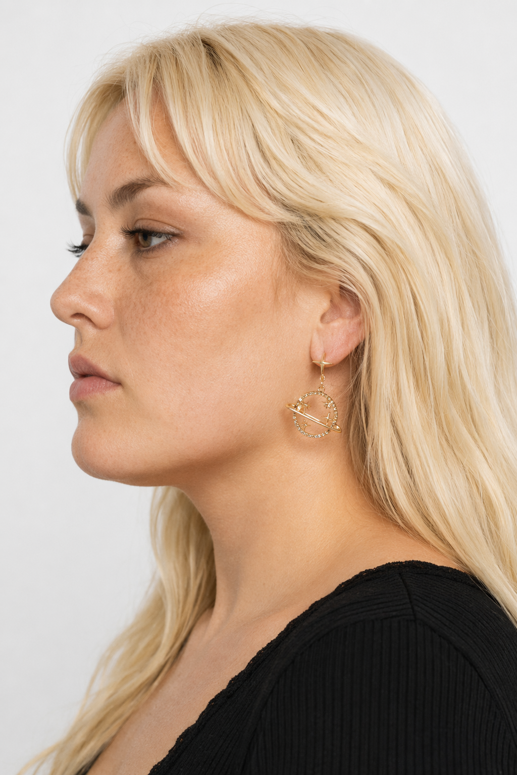 Dainty Crescent Moon Crystal Earrings with Rhinestones and Gems Saturn