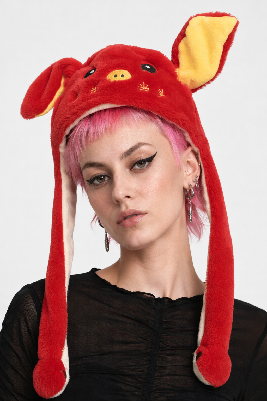 Fuzzy Puppy Hat with Spinning Ears for Winter Warmth Red Piggy