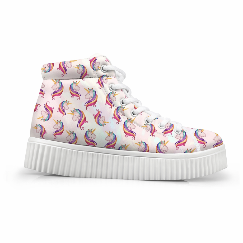 Canvas Hi Top Unicorn Pattern Shoes with Comfortable Wedge Heel White Unicorn