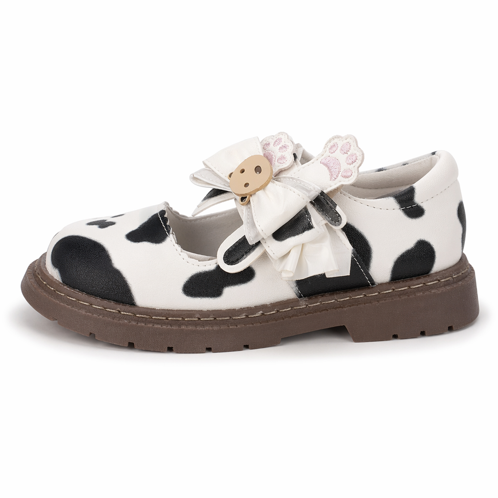Sweet Cow Print Maryjane Shoes with Embellished Bow and Paw Prints 9