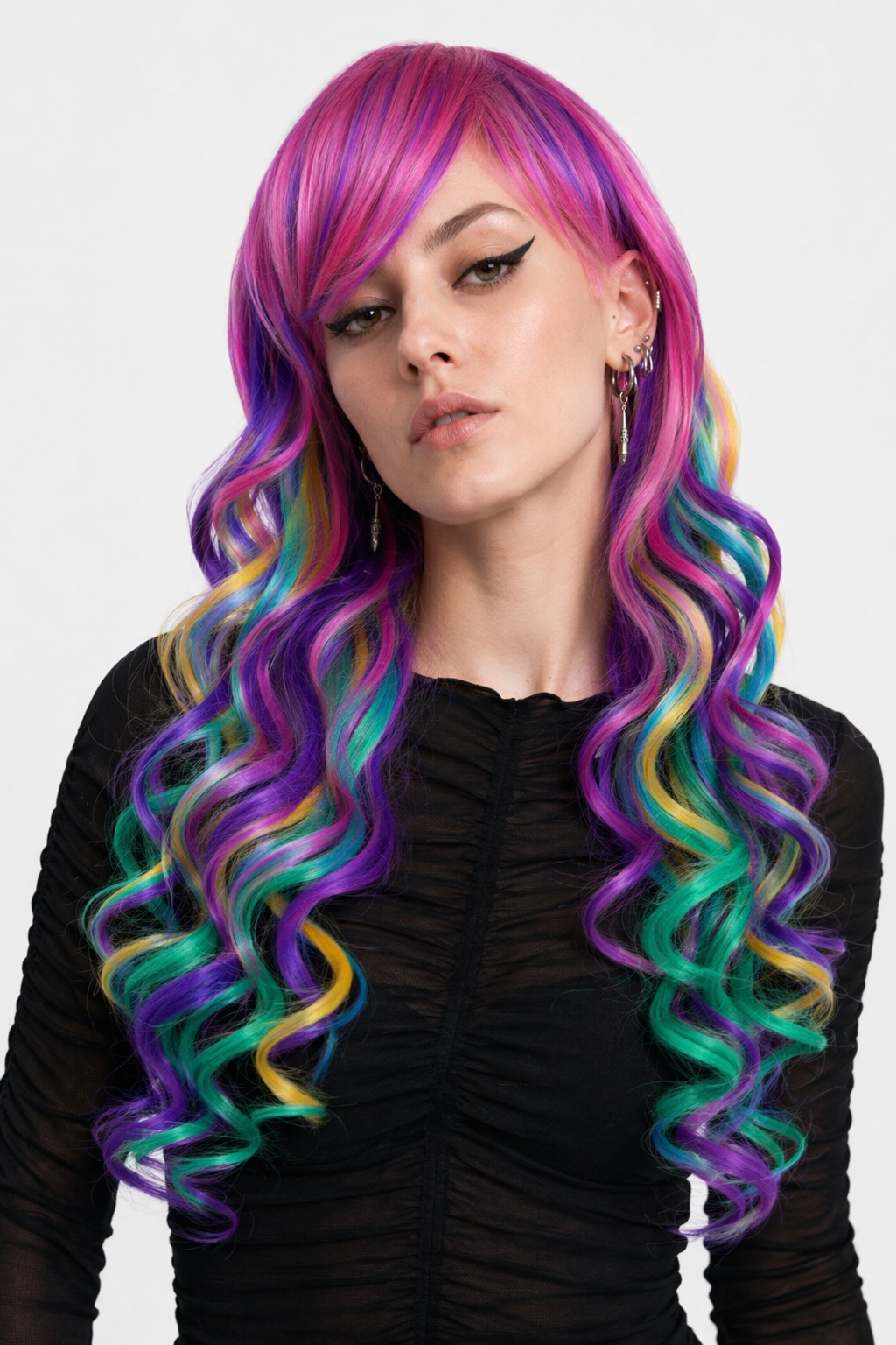 Stunning Long Cosplay Wig with Soft Fringe in Stylish Colors Curly Multi Color