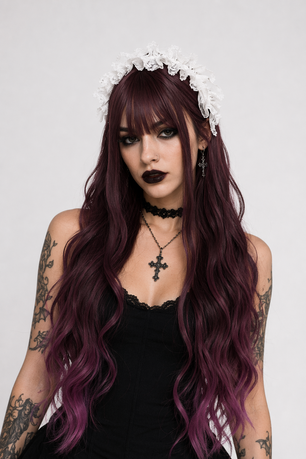 Dark Red Wavy Lolita Wig with Ombre Style and Soft Waves Default