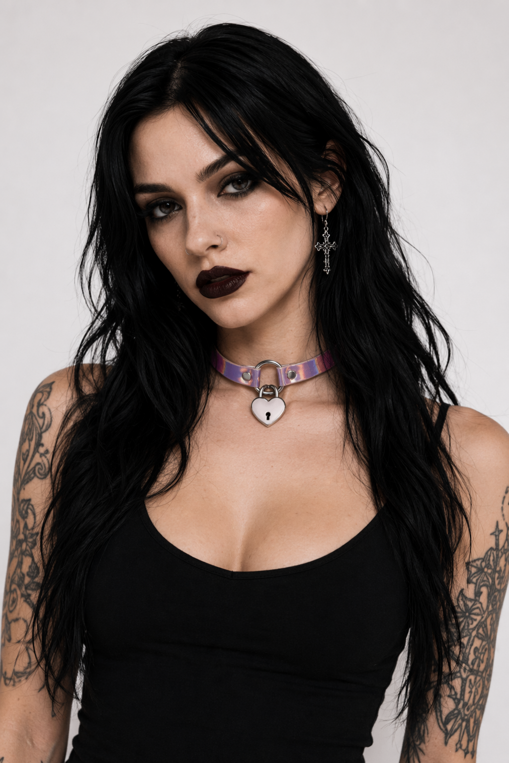 Holographic Lock and Key Choker Collar with Metal Locket Pink