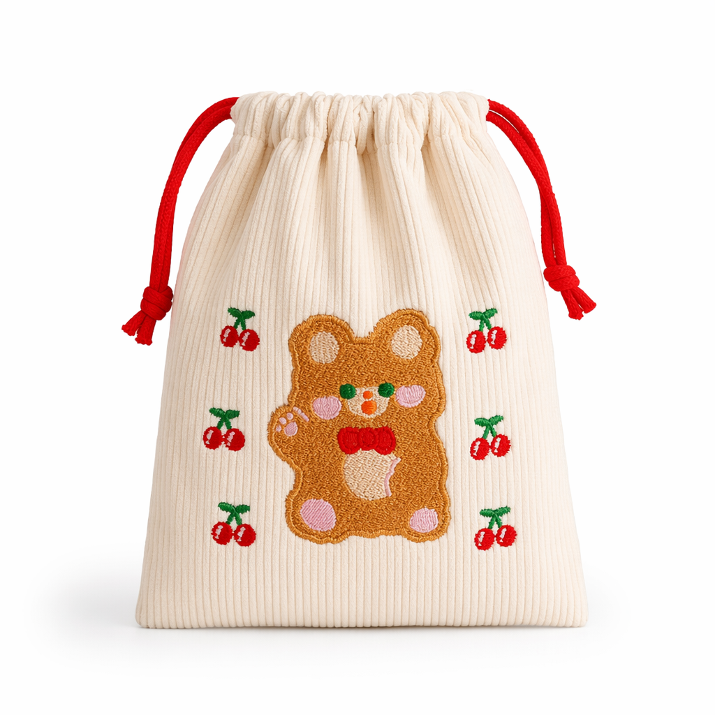 Baby Bear and Bunny Corduroy Drawstring Bags for Cute Belongings Brown