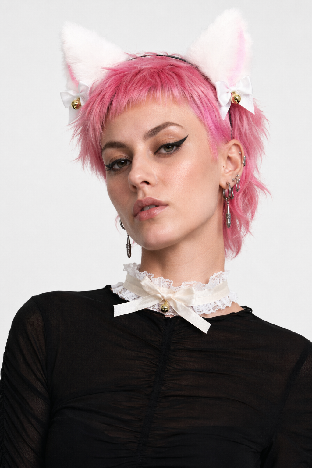Luxurious Fox Cat Tail Set with Ear Headband and Lace Collar White