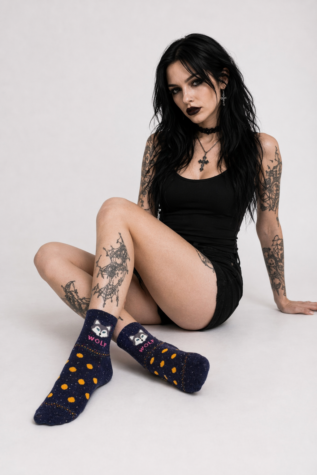 Snow Fox Christmas Socks with Embroidered Design and Vibrant Colors Navy Wolf