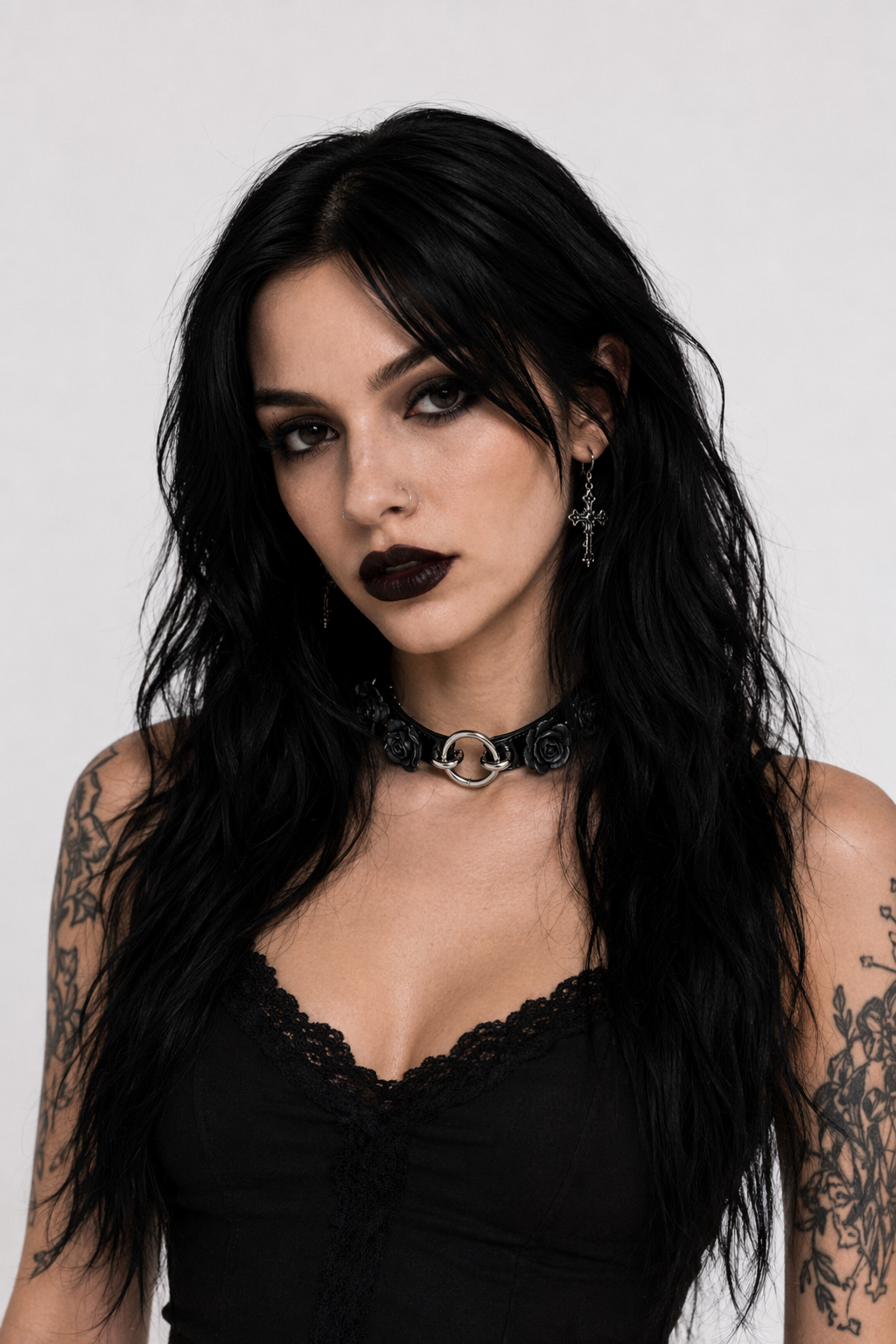 Vegan Leather O-Ring Floral Choker Necklace in Silver or Gold Default