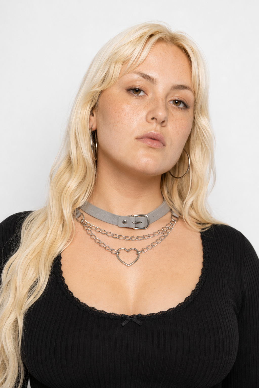 Thick Vegan Leather Chained Heart Choker Necklace Grey