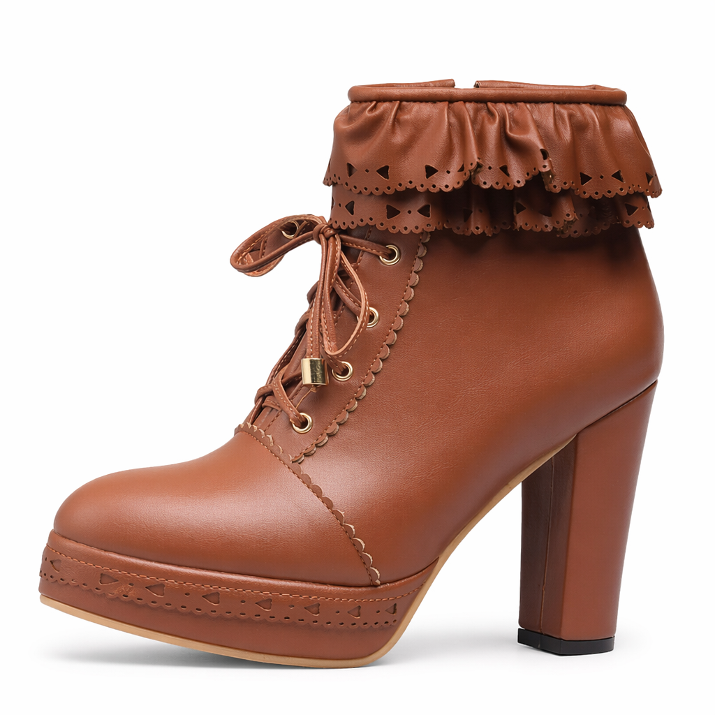 Sweet Lolita Booties with Ruffled Trim and Comfortable Design Brown