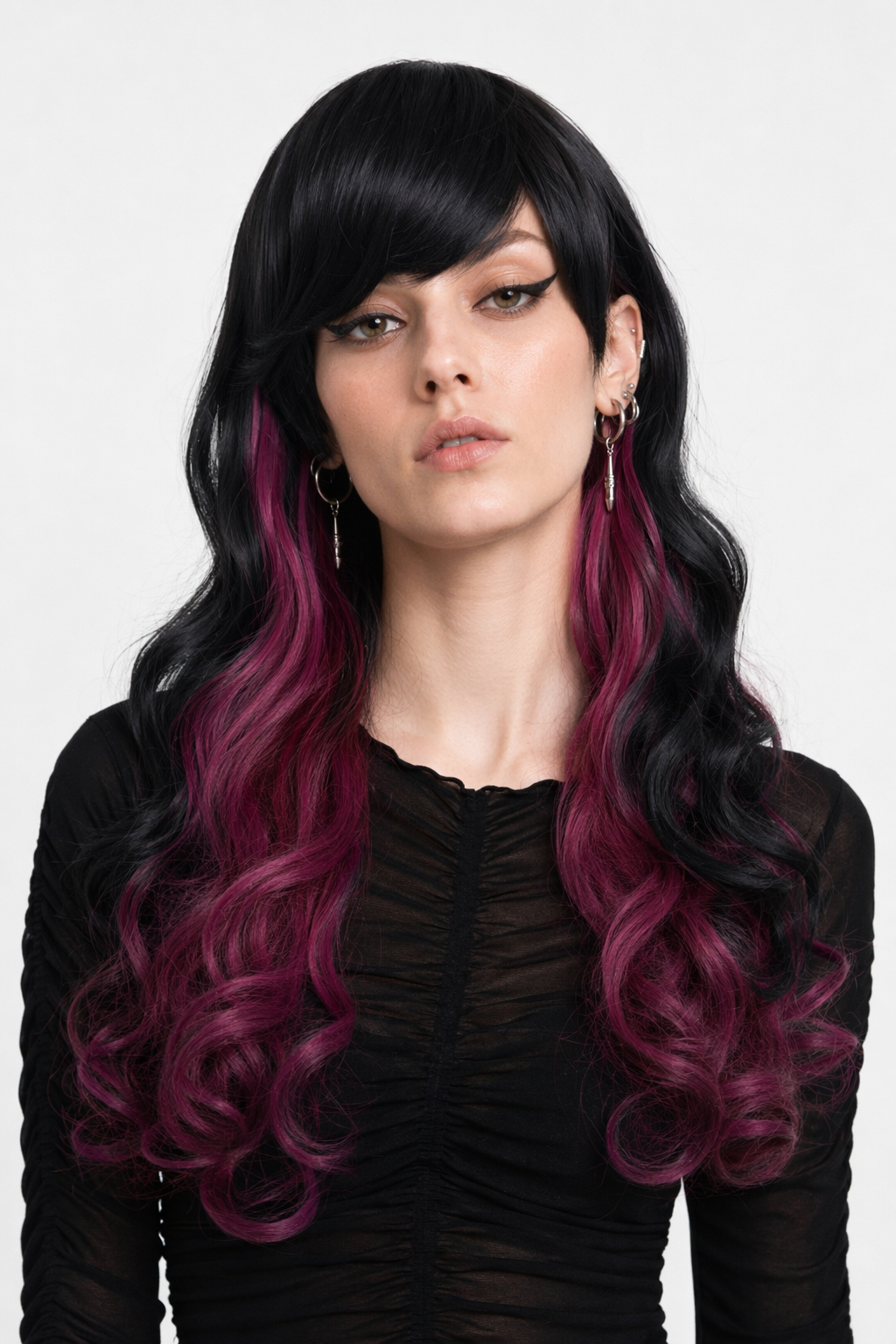 Stunning Long Cosplay Wig with Soft Fringe in Stylish Colors Curly Black Red