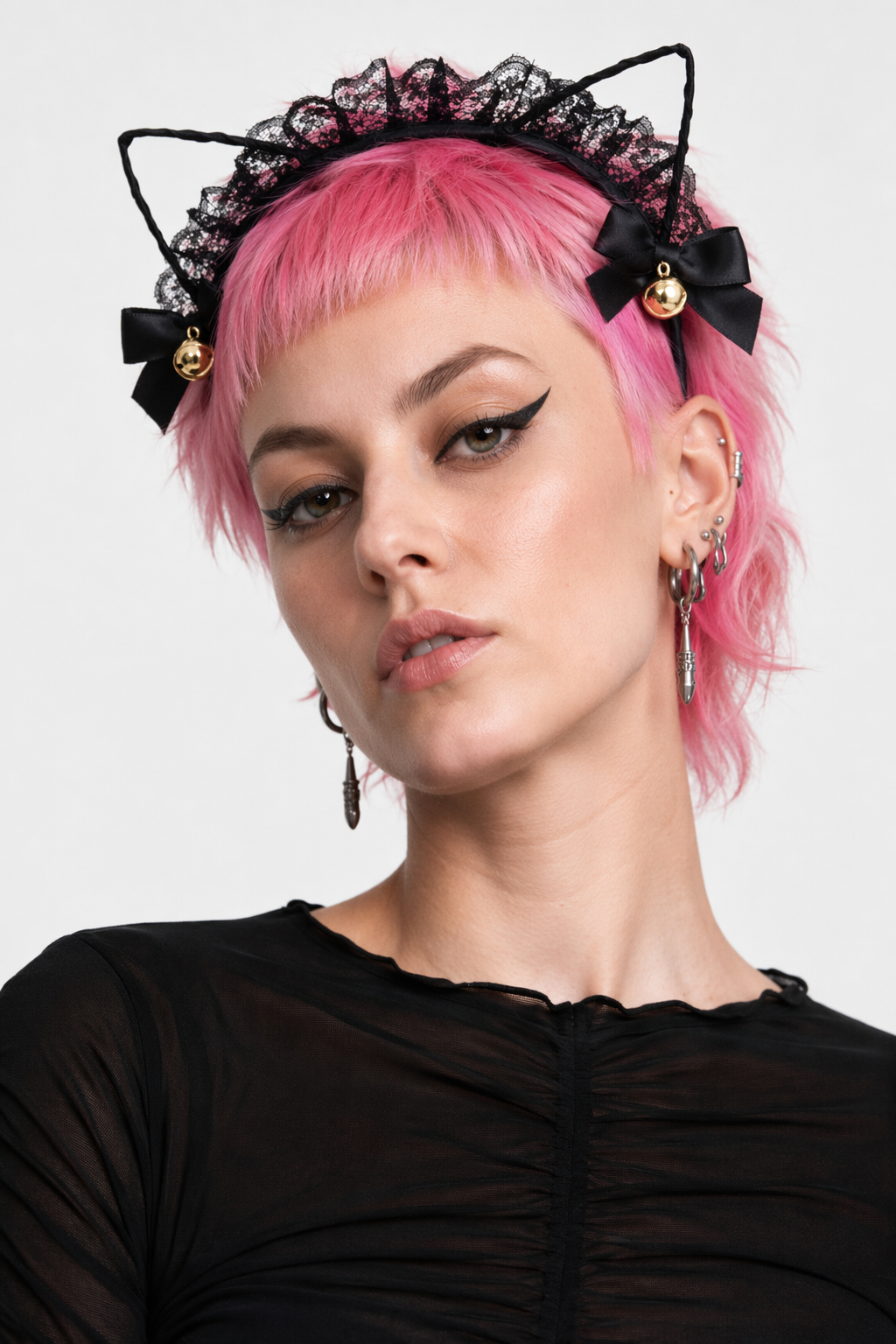 Cute Cat Ear Headband with Gold Bells and Lace Embellishments Black