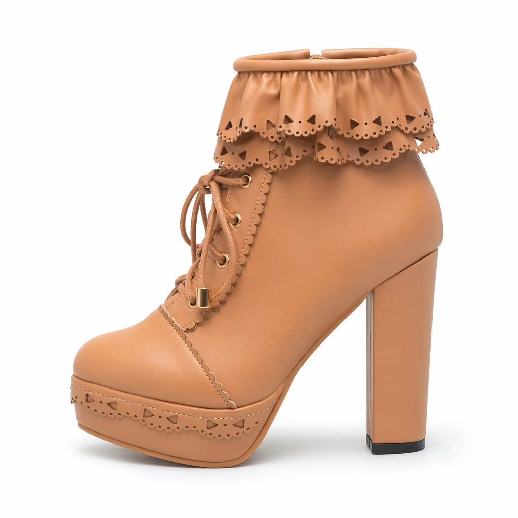 Sweet Lolita Booties with Ruffled Trim and Comfortable Design Khaki