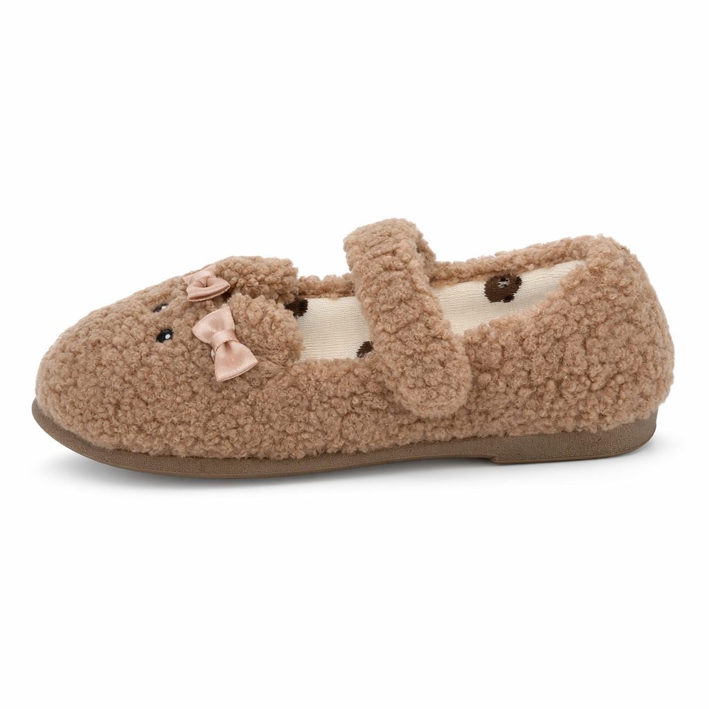 Fuzzy Bear Inspired Maryjane Shoes with Fluffy Faux-Fur and Ribbons Brown