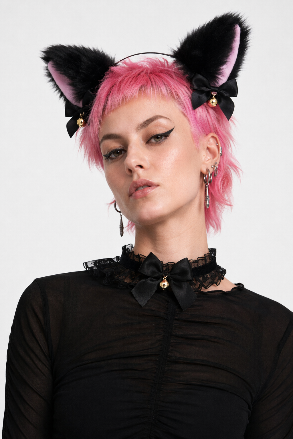 Luxurious Fox Cat Tail Set with Ear Headband and Lace Collar Black
