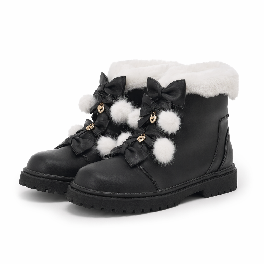Perfectly Precious Sweet Lolita Faux Fur Ankle Booties Black