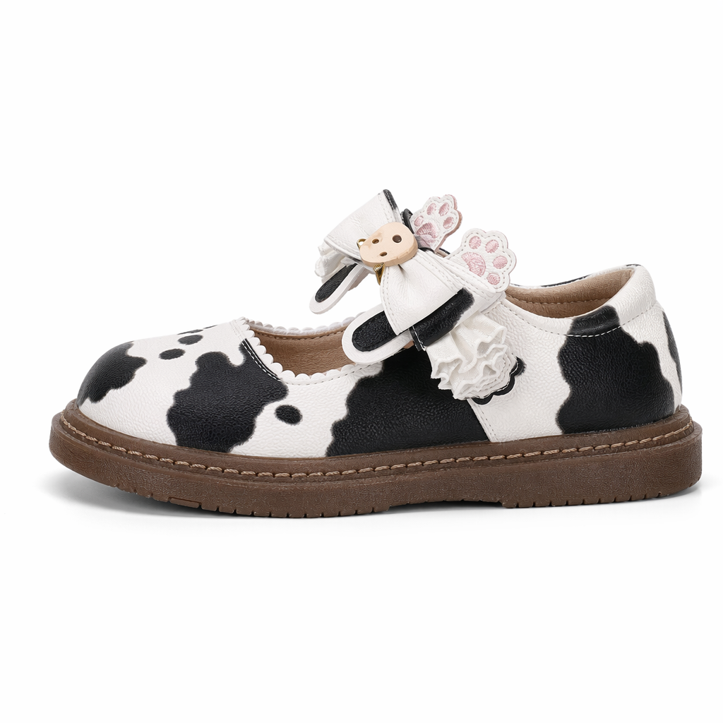 Sweet Cow Print Maryjane Shoes with Embellished Bow and Paw Prints 8