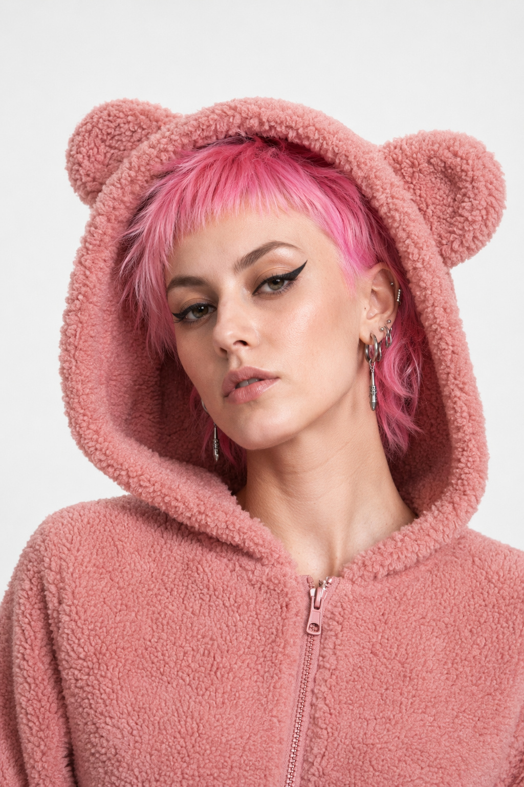 Adorable Vegan Fur Baby Bear Zippered Onesie with Ears Pink